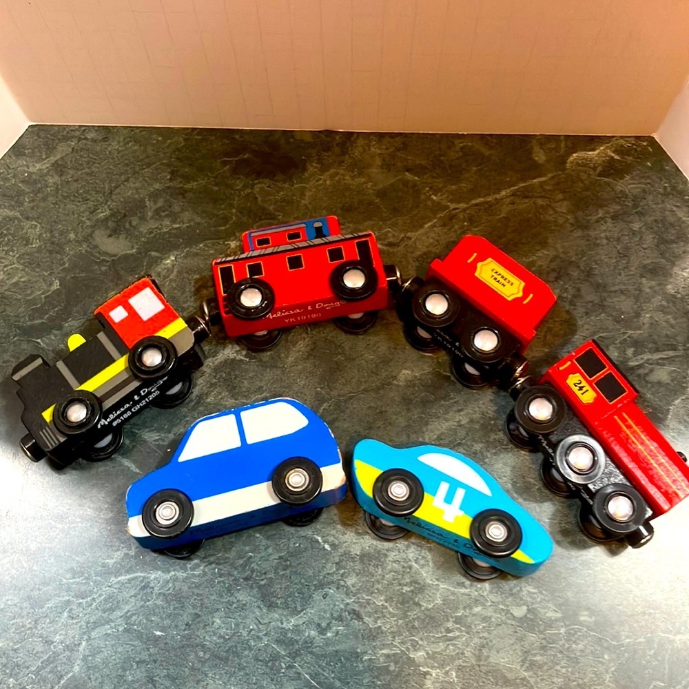 Wooden Train and Car Set - Red, Blue, Yellow